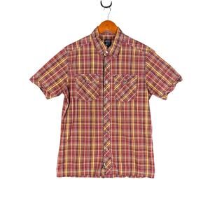 Kuhl Suncel Plaid Short Sleeve Button‎ Up Shirt Orange Red Yellow Mens Small EUC